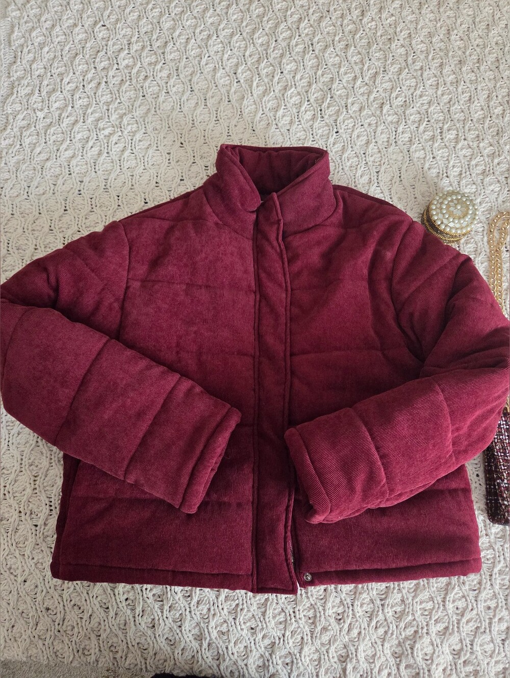 Shoe Dazzle Corduroy-Style Quilted Bomber Jacket in Deep Berry